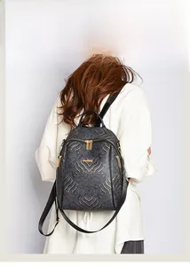 Detail of grey backpack with golden wave pattern showing dual metal zippers and texture