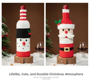 Detailed view of knitted Santa and Snowman wine bottle covers on festive wood stands