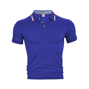 Detail of royal blue quick-dry polo shirt collar with red and white decorative stripes
