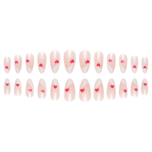Set of 24 almond press-on nails with nude base, white French tips and red hearts