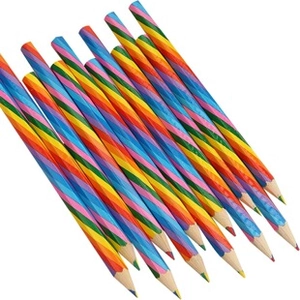 Detailed close-up of rainbow pencils with spiral designs and multi-colored cores for students