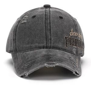 Distressed charcoal grey washed denim baseball cap with Scenario planning embroidery