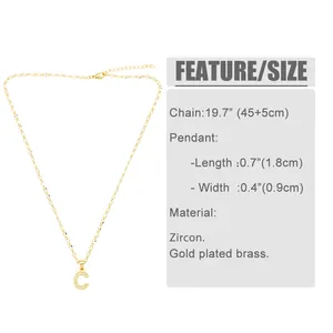 Detailed size chart showing gold plated letter C necklace with zircon inlay and dimensions