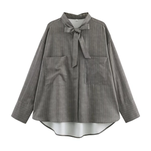 Long Sleeve Striped Blouse Shirt Polyester Spandex Bow Tie Stand Collar Dual Pockets Elegant Casual Fashion Top