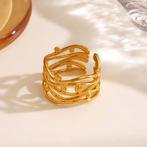 Elegant 18K gold plated stainless steel multi-layer wave ring with delicate bead accents