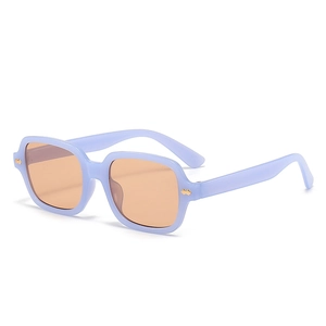 Retro rectangle sunglasses with lavender frames, amber lenses, and gold wing accents
