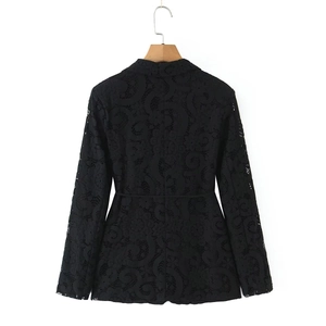 Fitted black lace suit jacket for women featuring elegant floral hollow-out back design