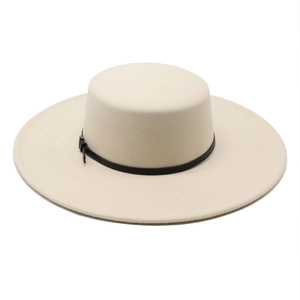 Flat top wool felt boater hat in cream with thin black leather band for women