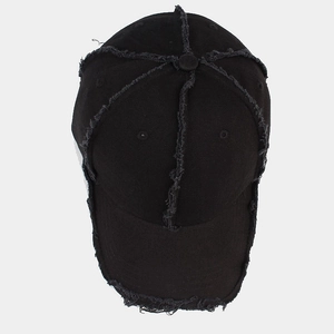 Distressed black cotton baseball cap with raw edge details and a vintage washed finish