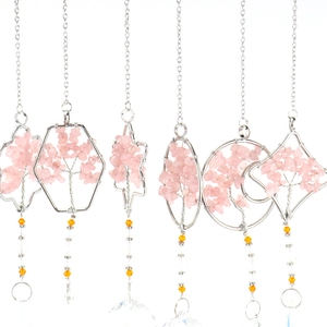 Pink rose quartz tree of life hanging ornaments with polished crystal balls set of 6