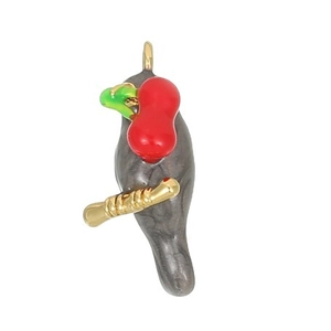 Charming enamel bird pendant featuring a grey bird on a golden branch with red gourd detail