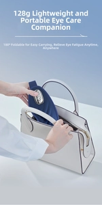 Foldable smart eye massager in 128g lightweight design being put into a small handbag