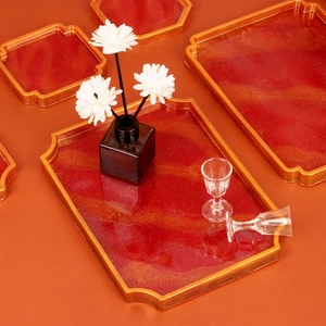 DIY Chinese style red marble resin coasters and jewelry trays with golden glitter edges