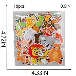 Set of 18 colorful cartoon animal embroidered patches featuring lions, giraffes and foxes