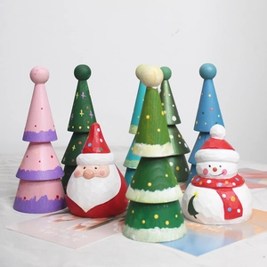 Set of colorful wooden Christmas ornaments with Santa Claus, Snowman and mini Xmas trees