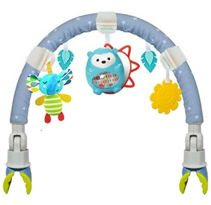 Activity arch with plush elephant and sun toys for baby strollers and cribs