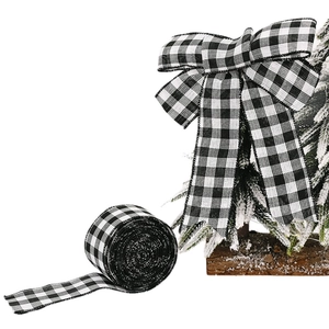 2m Black and white gingham ribbon roll with decorative bow for Christmas tree decor