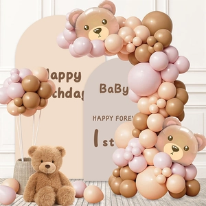 Pink and brown balloon arch kit with teddy bear foil balloons for first birthday party