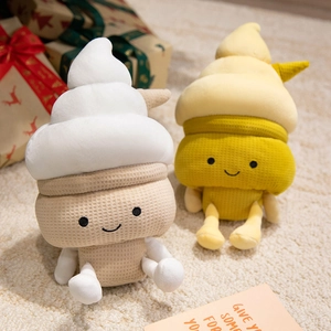 Cute plush ice cream pillows with smiling faces in white and yellow waffle fabric