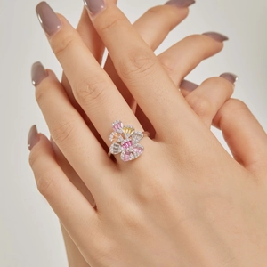 Elegant S925 sterling silver ring with colorful hot air balloon zircon floral design