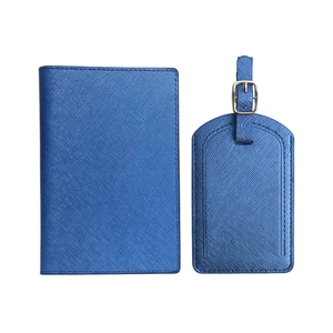 Cross-pattern PU leather passport cover and luggage tag set in navy blue finish