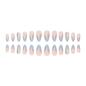 24-piece long almond false nails in pink and blue with elegant golden line art