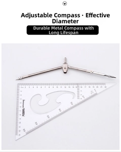 Detail of durable metal drafting compass showing maximum working diameter with a ruler scale