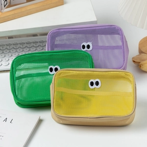 Mesh makeup bag set with googly eye embroidery for travel and desktop storage