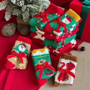 Festive coral fleece Christmas socks gift set with cartoon embroidery and ribbon bows