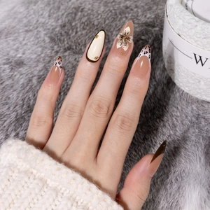French Almond Press On Nails 3D Floral Leopard Print Mocha Brown Nude Elegant Artificial False Finger Manicure For Women