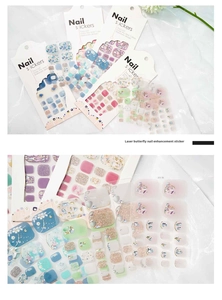 Detail of glitter toenail stickers with laser butterfly and rhinestone patterns