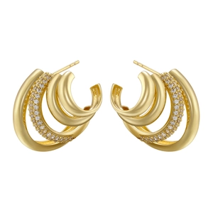 Elegant gold-plated three-layer C-shaped hoop earrings with micro-paved white cubic zirconia