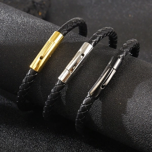 Three braided leather bracelets with gold, silver and black stainless steel clasps