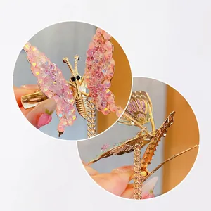 Pink and purple crystal butterfly hair clip with gold tassels and pearls for girls