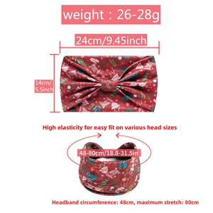Detailed view of red Christmas headband with elk and snowflake print, showing dimensions