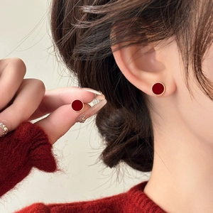 Alloy Round Stud Earrings With 925 Sterling Silver Earring Post Red Enamel Geometric Retro Simple Style Jewelry Women