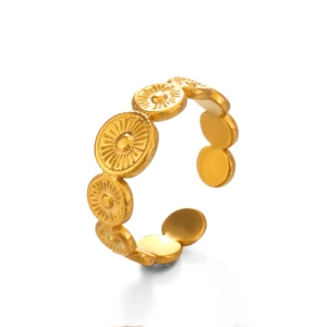 Minimalist gold-plated adjustable stainless steel ring with radial sunburst texture
