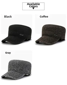 Detail view of winter flat top caps in black, coffee, and grey wool fabric with side labels
