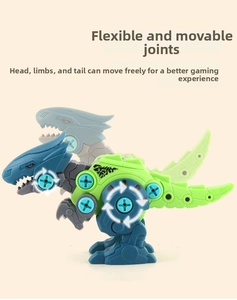 Close-up of DIY assembly dinosaur toy with movable head, limbs and tail joints