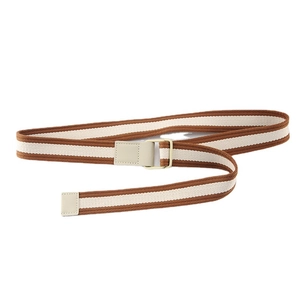 Striped canvas belt in brown and white with double ring buckle for casual denim wear