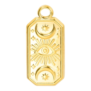 18k gold plated evil eye rectangular pendant with sun and moon engravings on white background