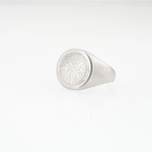 Matte silver titanium steel signet ring with octagonal star compass engraving for men