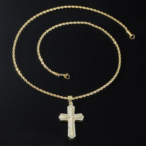 Hip hop gold cross pendant necklace for men with sparkling clear crystals on twist chain