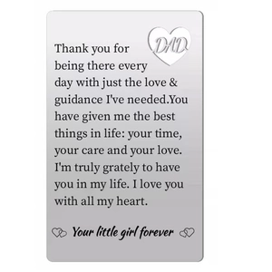 Brushed stainless steel Father's Day wallet card with engraved text and cutout heart