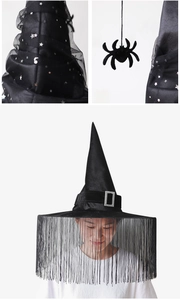 Detail of pleated black witch hat with silver star prints and fringe tassel veil for Halloween