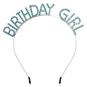 Detail of silver birthday girl headband featuring sparkling blue rhinestones on metal frame