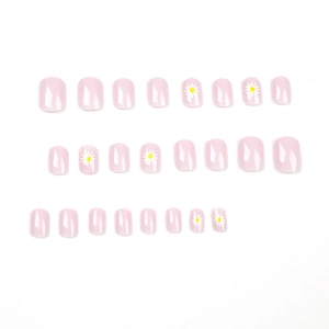 Short square purple press-on nails set with delicate white daisy floral patterns