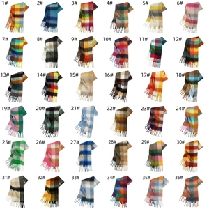 Grid layout showing 36 diverse color options for checkered mohair scarves with fringe