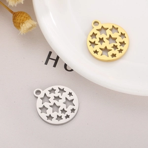 Pendentifs ronds ajourés avec étoiles en acier inoxydable doré et argenté brillant