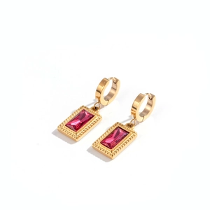 Vintage stainless steel drop earrings with square rose red zircon and gold-plated finish
